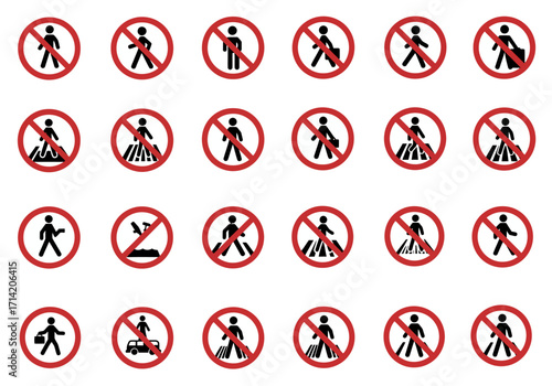 Array of pedestrian prohibition signs featuring figures in red circles with diagonal bars