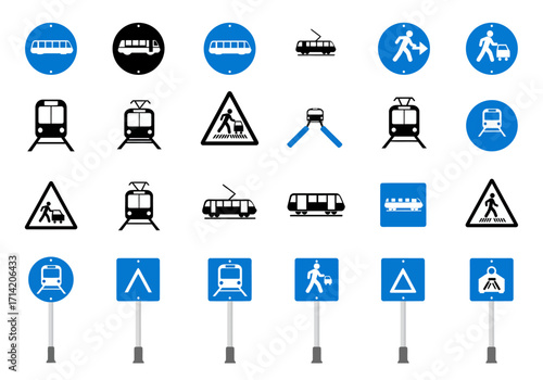 Array of public transport signs buses trams trains pedestrian crossings