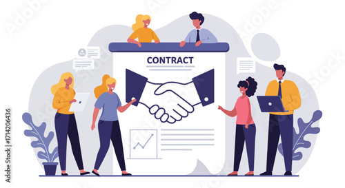 Business collaboration scene with diverse team and contract agreement