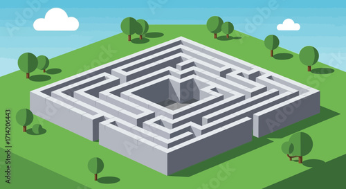 A geometric maze on a green hill with trees and clouds.