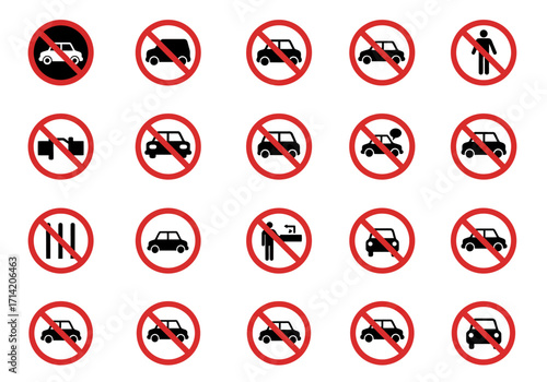Array of redcircled no signs each with a black image inside suggesting various prohibitions