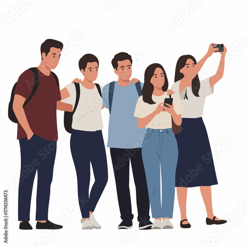 Flat Style Group of Young Tourist People Standing Together Illustration