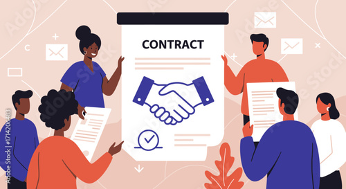 Team collaboration on business contract signing with diverse professionals