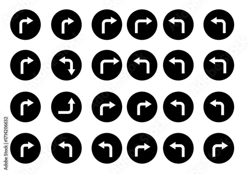 Arrows pointing in different directions are arranged in a matrix enclosed within black circles