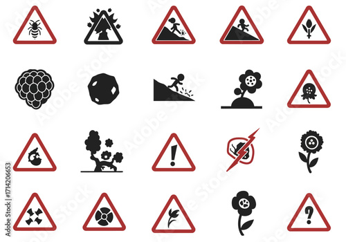 Assorted black  red warning signs  clip art icons on a white background