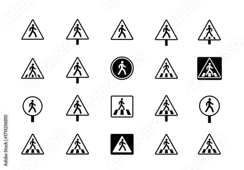 Assortment of pedestrian crossing signs in black and white