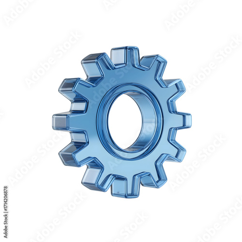 3d icon of  cogwheel with blue glassy color, showcasing a mechanism