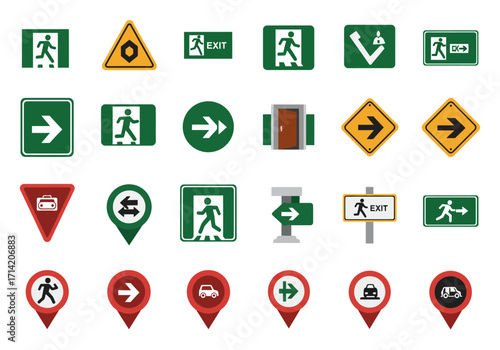 Collection of 20 vector icons mainly about exits arrows and transport in a flat design style