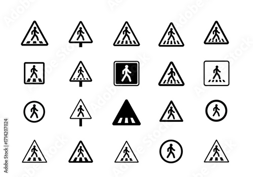 Collection of twenty black and white pedestrian crossing signs in different shapes mainly triangles squares and circles