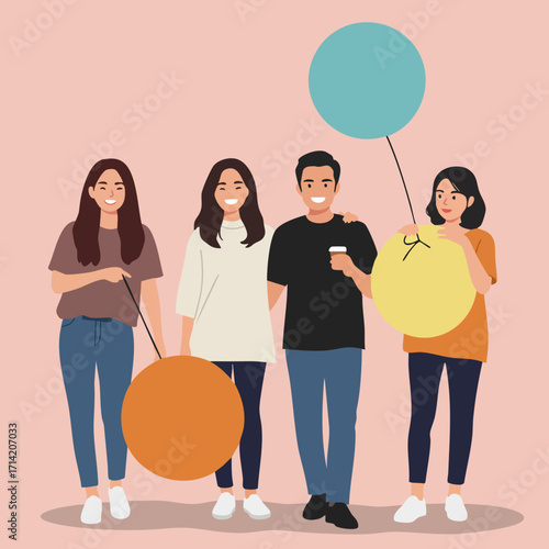 Flat Illustration Group of Young Adult People Holding Balloons