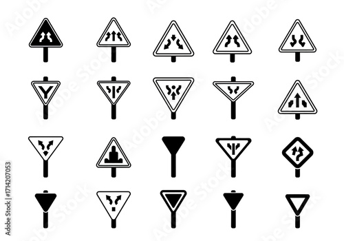 Collection of twenty black and white warning road signs with different shapes and symbols on posts