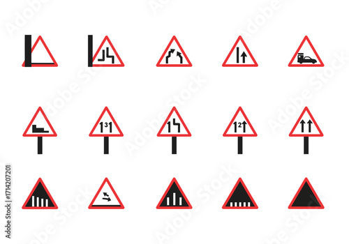 Depiction of assorted triangular road signs featuring diverse warnings
