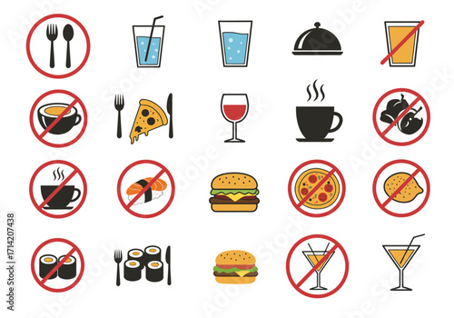 Food icons show diverse dishes  prohibitions including pizza burgers sushi drinks and symbols in red circles