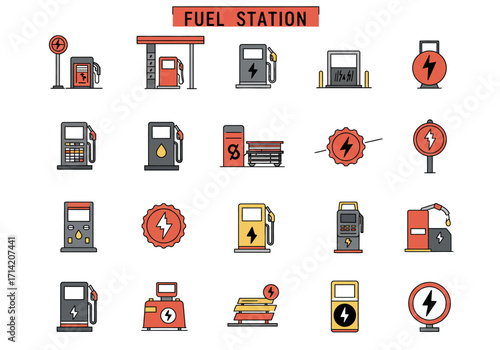 Fuel station icons show pumps electricity signs and canopies