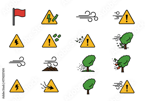Graphic icons depicting various weather hazards  warnings high wind falling debris and electric dangers