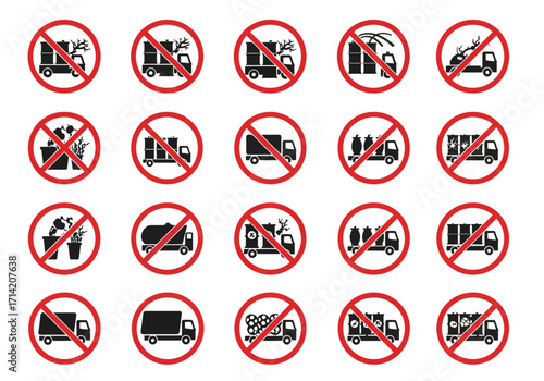 Graphic icons showing prohibited vehicles cargo goods within crossedout red circles