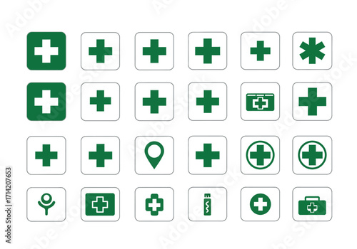 Green medical icons grid crosses asterisk pin case tube figure in white rounded squares on white backdrop