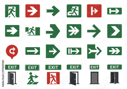 Graphic sheet of assorted emergency exit and direction signs in green and red