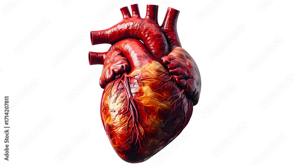 Naklejka premium Anatomical illustration of a human heart, showing its intricate structure and detailed texture against a white background.