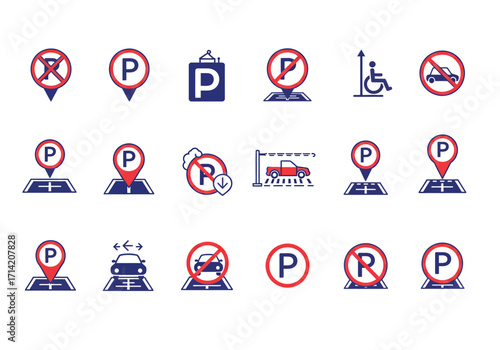 Icons depict parking rules allowed prohibited dimensions disabled services Red and blue road markings car symbols