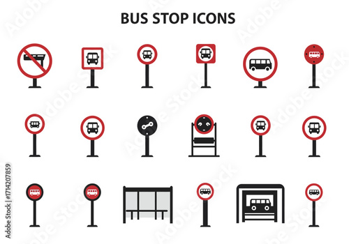 Icons depict various bus stop signs distinguished by red rings square frames bus symbols covered stations and a chainshaped icon
