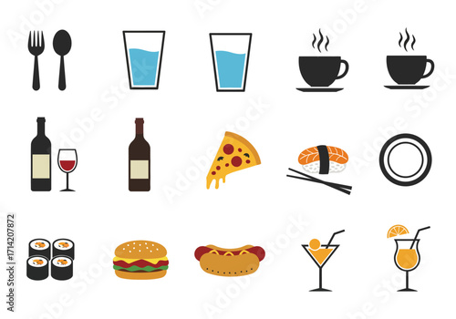 Icons of dining plates silverware sushi drinks burger hotdog pizza coffee and wine a diverse collection of culinary elements