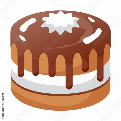 Delicious Cake: An eye-level studio shot of a tempting cake, showcasing its rich chocolate frosting and creamy filling. Perfect for culinary blogs or recipe books.