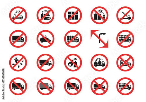 Image shows 20 prohibition signs featuring trucks carrying varied goods or materials