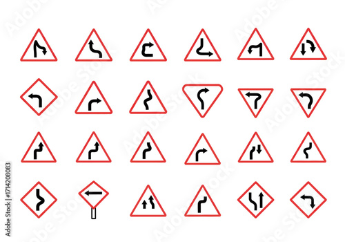 Many red road signs with black symbols are arranged on a white background showing various road conditions