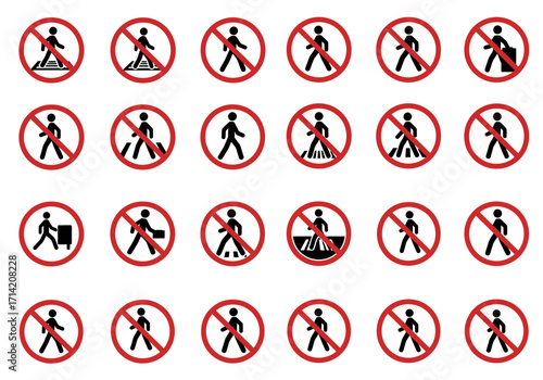 Red no signs encircle walking human figures indicating pedestrian prohibition