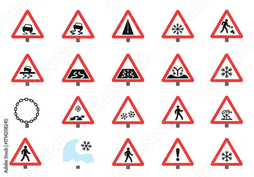 Road hazard signs feature red triangles on white backgrounds with black symbols for various dangers