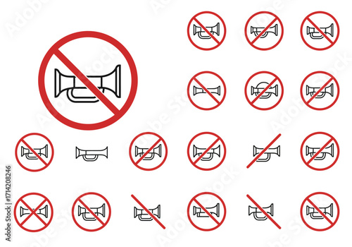 Red No Honking traffic symbols arrayed against white horns within circles crossed out by diagonal lines