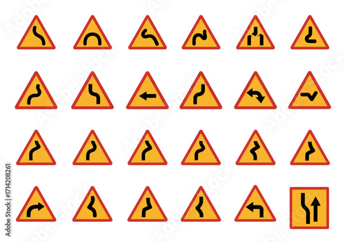 Road hazard signs Yellow triangles with red borders black symbols and a square