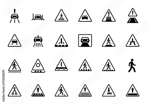 Road sign array triangle warning signs car pedestrian and traffic symbol icons in a grid arrangement