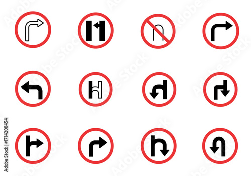 Road signs in red circles with various turn directions and a no uturn symbol