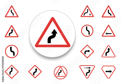 Road signs showcase various bends  directions redbordered against a white background presented in different shapes