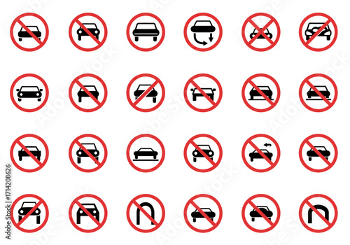 Several signs show cars some with red circles and slashes indicating prohibition