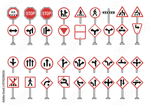 Row of red and white traffic signs on poles