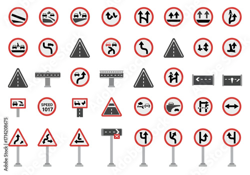 The image presents a collection of traffic and road signs in varying shapes and designs displayed against a white background
