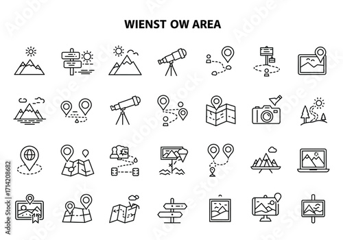 Set of 24 icons with travel themes featuring maps mountains signs telescopes cameras and other landmarks