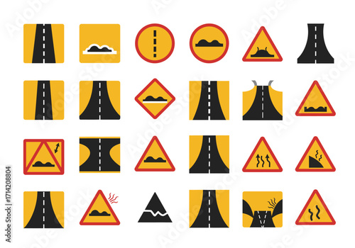 Twenty road signs with different warnings and road conditions in yellow red and black