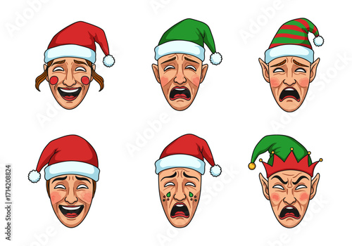 Cartoon Faces Expressing Emotions Wearing Christmas and Elf Hats Festive Moods.