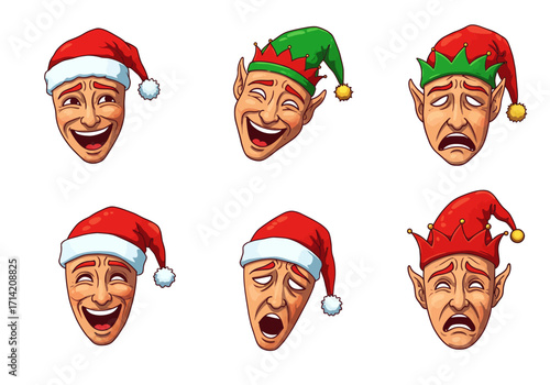 Cartoon Faces with Christmas Hats Expressing Different Emotions Joy Sadness and Surprise.