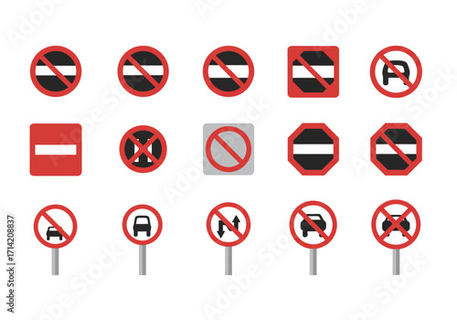 Varied collection of red and black prohibition signs arranged on a white backdrop