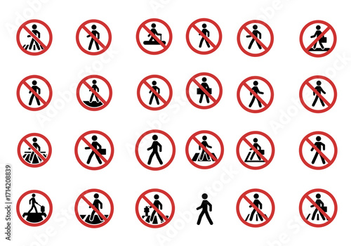 Twentyone prohibition signs featuring walking people in red circles with various activities prohibited