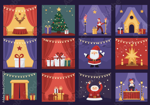 Christmas Themed Stage Scenes with Presents Santa Christmas Tree and Holiday Decorations.