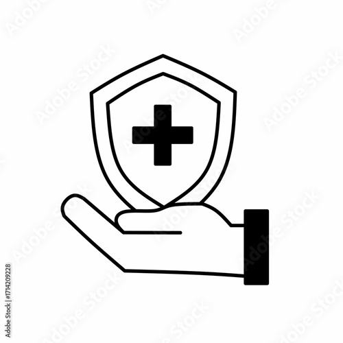 Vector art symbol icon hand holding shield sign of maintaining body health and care 
