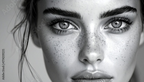 Close-up black and white portrait of a woman's face. Highlighting detailed skin texture, eyes, and features
