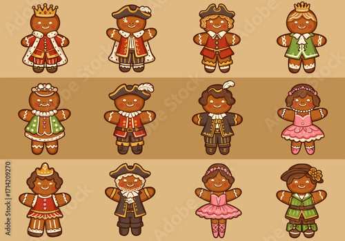 Collection of Cartoon Gingerbread People Dressed in Various Costumes.