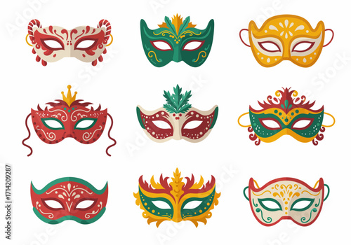 Collection of Colorful and Ornate Venetian Carnival Masks with Intricate Designs.